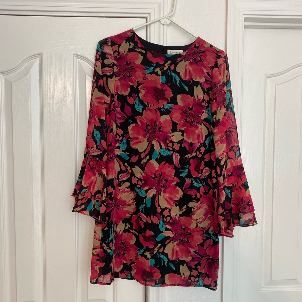 Leyden Black Floral Bell Sleeve Mini Dress